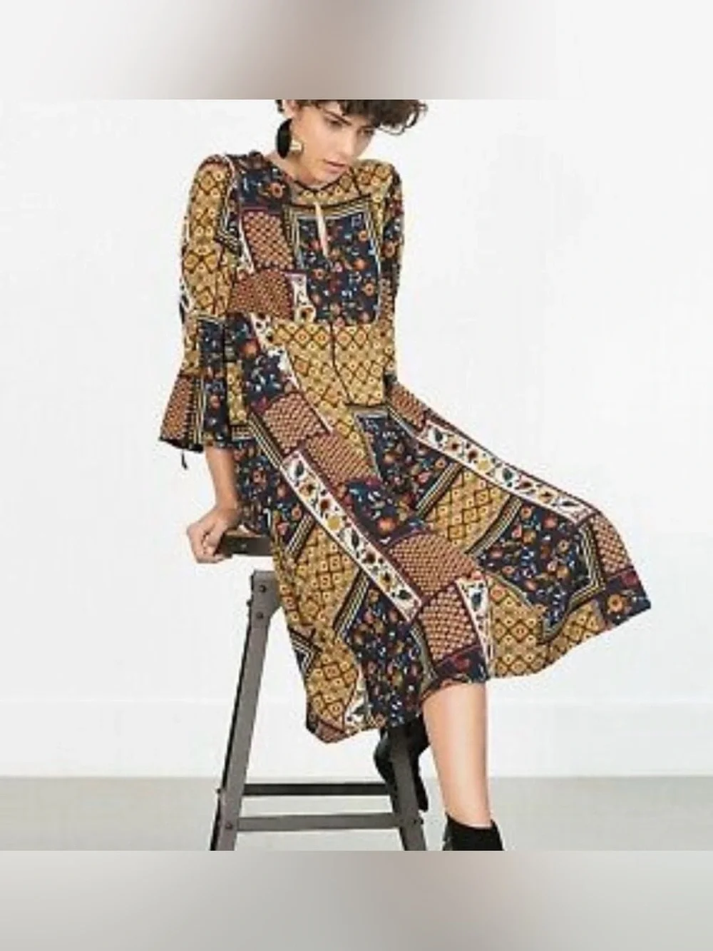 Zara Patchwork Floral Midi Dress in Mustard and Navy